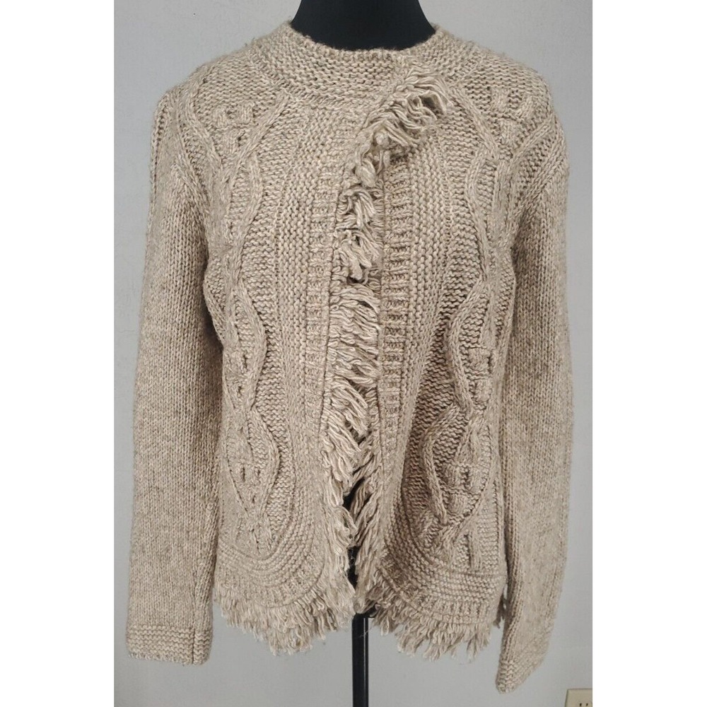Tribal Beige Cable Knit Fringe Snap Front Cardigan Sweater Boho‎ Womens Medium